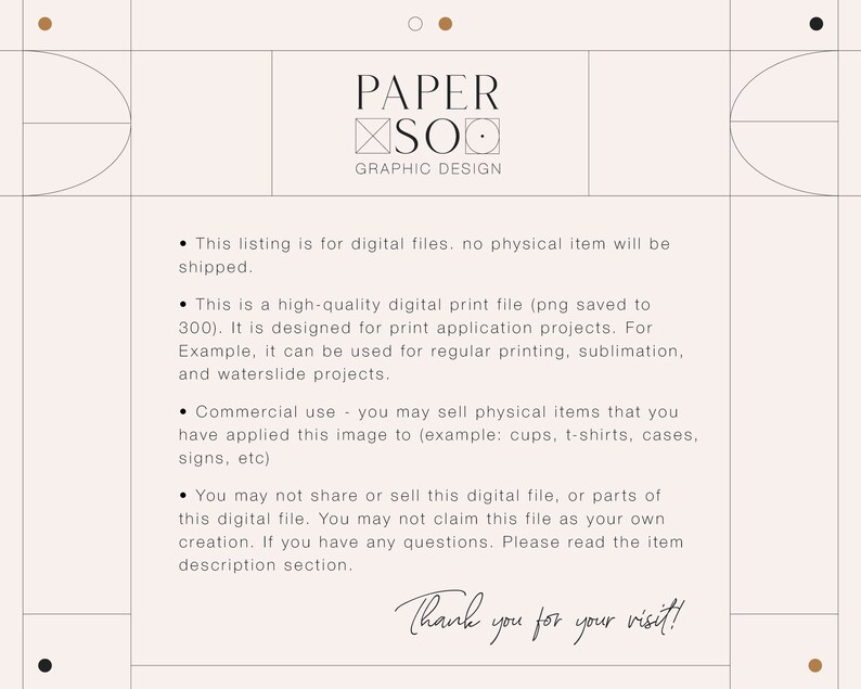 May include: A digital design image with the text "PAPER SOO GRAPHIC DESIGN." The image has a beige background with geometric shapes and text. The text includes information about digital files, print applications, and commercial use.