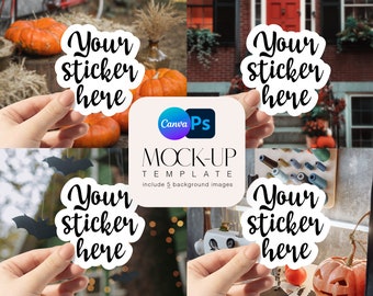 Halloween Sticker Mockup Canva, Halloween Photoshop Mockup, Pumpkin Decal Mockup, Hand Holding Sticker, Fall Mock-up PSD