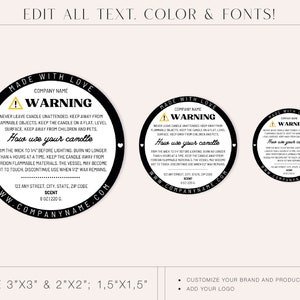 May include: Black and gold candle label with the text "Made with Love" and "Warning". The label includes safety instructions for using candles, a company name, address, and scent information. The label is available in three sizes: 3" x 3", 2" x 2", and 1.5" x 1.5".