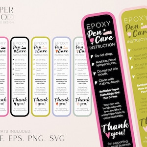 Może przedstawiać: Pięć kartek w kolorze różowym, czarnym, zielonym, niebieskim i jasnozielonym z czarnym tekstem i różowymi sercami. Tekst na kartkach brzmi "Epoxy Pen Care Instruction". Kartki zawierają instrukcje dotyczące pielęgnacji długopisów epoksydowych, takie jak "Nie upuszczać", "Unikać ekstremalnych temperatur", "Nie wkładać do ust", "Czyścić wilgotną ściereczką" i "Refillable Paper Mate Inkjoy Gel Pen 0.7mm". Kartki zawierają również tekst "Dziękuję! za wsparcie dla mojego małego biznesu".