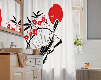 Cortina de chuveiro japonesa com estampa de leque katana, feita em poliéster resistente à água. Ideal para decoração de banheiro e como presente exclusivo para inauguração de casa ou casamento.