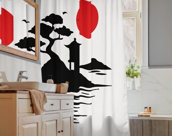 Cortina de chuveiro com templo zen japonês em ilha