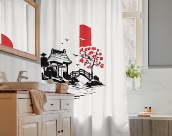 Cortina de chuveiro com estampa de portão torii samurai