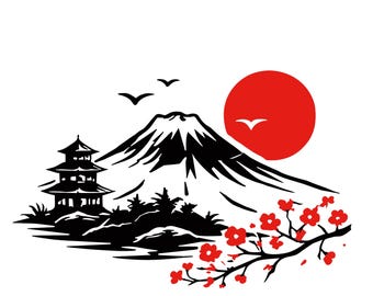 Monte Fuji SVG PNG Paisagem Japonesa Sol Vermelho Pagode de Sakura Arte Minimalista Japonesa Download Digital
