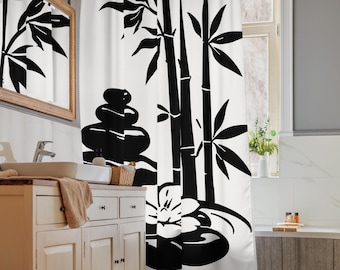 Cortina de Chuveiro Zen com Pedras de Bambu, em Poliéster Resistente à Água, para Decoração de Banheiro | Fácil Instalação e Manutenção