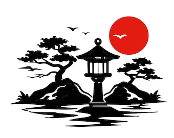 Árvore Bonsai Japonesa SVG PNG Paisagem Zen Escura Sol Nascente Arte Minimalista Japonesa Tatuagem Impressão de Parede Download Digital
