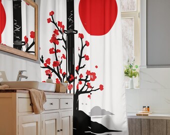 Cortina de chuveiro com espada katana e sakura