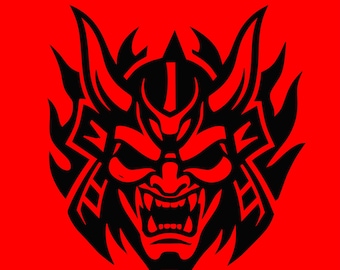 Máscara Demoníaca Oni Sombria em SVG e PNG, Estilo Tatuagem de Máscara Samurai Japonesa, Arte com Sombras Pretas, Download Digital, Design para Camisetas e Pôsteres