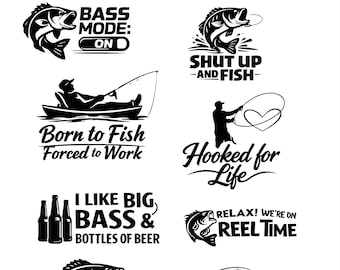 Pacote com 10 designs em SVG para pesca, frases engraçadas sobre pesca de robalo, adesivos digitais, carretel, peixe americano em arquivos PNG e SVG para Cricut e Silhouette.