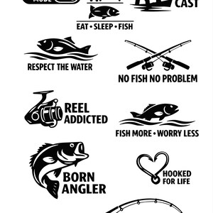 Puede incluir: Una colección de gráficos en blanco y negro con temática de pesca. Los diseños incluyen frases como "Respetar el agua", "Sin pescado, sin problema" e imágenes de peces, cañas de pescar y anzuelos.