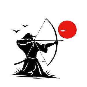 Puede incluir: Ilustración en blanco y negro de un arquero apuntando con arco y flecha. El arquero es una silueta sobre un fondo blanco, con un sol rojo y tres pájaros en vuelo. El arquero viste ropa tradicional.