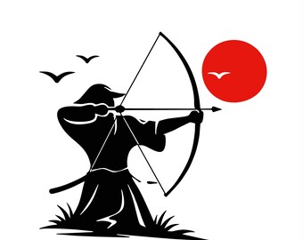 Arqueiro japonês SVG PNG Samurai Arco Sol Vermelho Guerreiro Zen Kyudo Arte minimalista japonesa Download digital