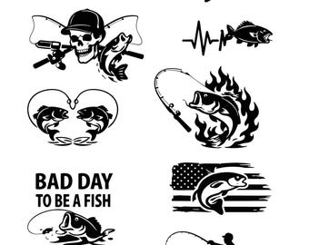 Pacote com 10 designs de pesca em SVG, incluindo decalques digitais de caveira de robalo para projetos em vinil com Cricut e Silhouette, clipart de pesca e camisetas para atividades ao ar livre.