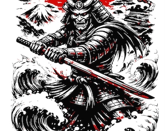 Oni Samurai SVG PNG Guerreiro Demônio Lua de Sangue Estilo Tatuagem Japonesa Samurai Vermelho Escuro Download Digital