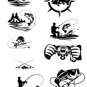 May include: Black and white fishing-themed illustrations. The image features various fishing-related graphics, including fish jumping, a compass with a fish, a fisherman, fishing rods, and a skull with fishing gear.