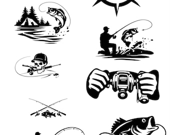 Pacote com 9 designs de pesca em SVG, silhuetas de peixes-diabo, arquivos PNG e SVG para Cricut e Silhouette, arquivos de corte de vinil para pesca de robalo.