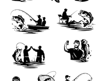 Pacote com 10 designs de pesca em SVG, incluindo adesivos digitais PNG e SVG para projetos de recorte em vinil com Cricut e Silhouette, representando uma família pescando robalo.