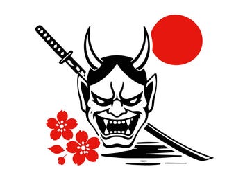 Hannya Mask SVG PNG Japanese Demon Samurai Katana Red Sun Cherry Blossom Tattoo Style Japan Art Digital Download