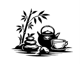 Cerimônia do Chá Zen SVG PNG Bule de Chá Japonês de Bambu e Pedras Arte Minimalista Japonesa Decoração de Parede Tranquila Download Digital