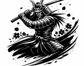 Ilustração de um guerreiro samurai Oni, arte japonesa demoníaca com katana, mitologia sombria, design de tatuagem, pôster imprimível para decoração de parede.
