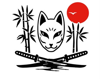 Máscara Kitsune SVG PNG Máscara de Raposa Japonesa Samurai Katana Bambu Sol Nascente Ninja Japão Arte Download Digital, Arte de Parede Folclórica Japonesa, Tatuagem