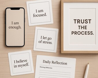 Kit de Redefinição de Mentalidade | 40 Cartões de Afirmação + Papéis de Parede + Diário + Arte de Parede para Imprimir | Pacote Digital de Autocuidado