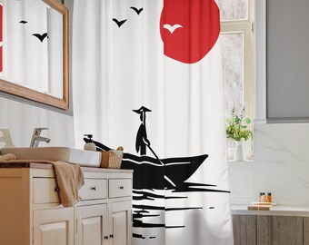 Cortina de chuveiro japonesa zen com barco de pescador.