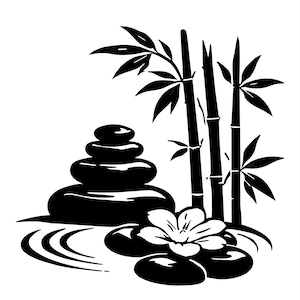 Può includere: Illustrazione in bianco e nero di una scena di giardino zen. Presenta pietre impilate, steli di bambù, una ninfea e increspature d'acqua. Il design è minimalista ed evoca un senso di pace e tranquillità.