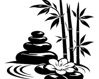 Arte minimalista de meditação com pedras de bambu zen em SVG e PNG para jardim zen japonês, decoração de parede relaxante. Download digital.