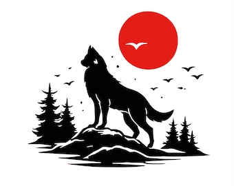 Silhueta de Lobo SVG PNG Sol Vermelho Arte Japonesa da Natureza Minimalista Espírito do Lobo Estilo Japonês Download Digital