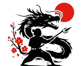 Samurai Dragão SVG PNG Arte Guerreira Japonesa Sol Nascente Flor de Cerejeira Silhueta Download Digital Artes Marciais Decoração de Parede Desenho de Tatuagem