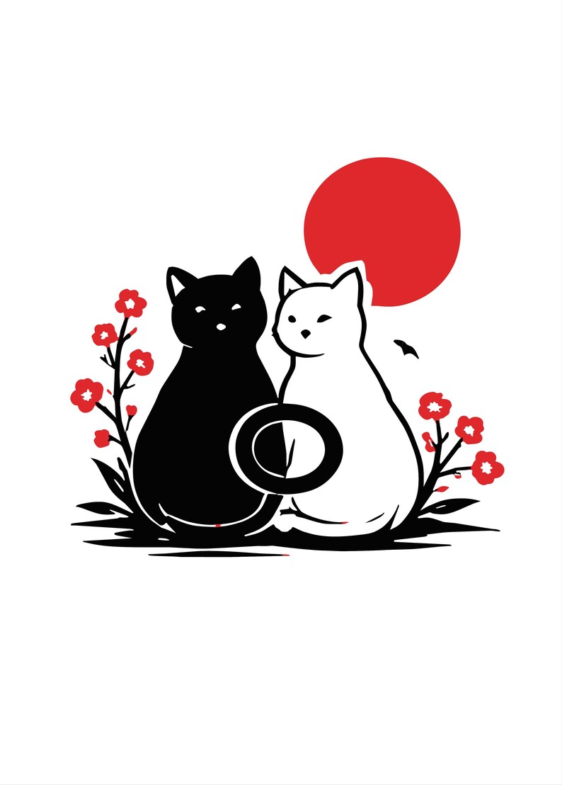 Japanese Yin Yang Cats SVG PNG Zen Cat Art Sakura Flowers Rising Sun ...