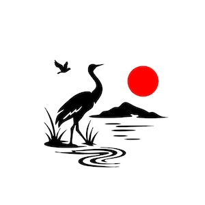 May include: A black and white illustration of a crane standing near water, with a red sun and a flying bird in the background. The crane is the focal point, with detailed lines depicting its form. The scene evokes a sense of tranquility.