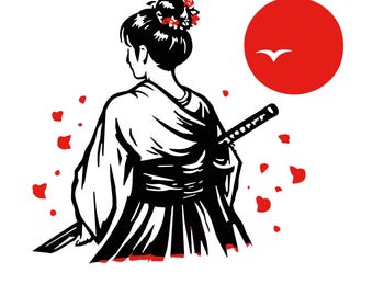Silhueta de Samurai Sombrio em SVG e PNG, Katana, Sol Vermelho, Guerreiro Japonês, Estética Minimalista, Arte Japonesa, Download Digital