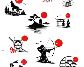 Pacote com 10 imagens SVG e PNG de samurais japoneses, incluindo carpas koi, Monte Fuji, ninjas, zen e muito mais, para download digital em vinil para Cricut e Silhouette.
