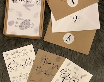 May include: A boxed set of "25 Days of Positivity" advent postcards. The box and postcards are decorated with botanical illustrations and inspirational quotes. Three numbered envelopes and three postcards are visible.