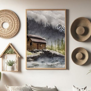 Watercolor Cabin in the Mountains Painting Print | Watercolor Wall Art | Nature Scene Log Cabin Dreary Snowy Mountain Landscape Scene Print