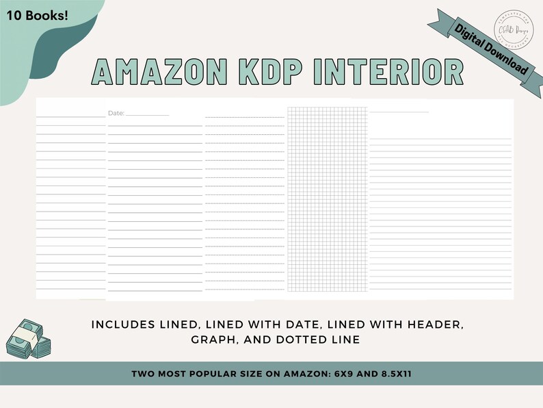 Op de afbeelding: Een digitale download van 10 boekinterieur sjablonen voor Amazon KDP. De sjablonen bevatten gelinieerde pagina's, gelinieerde pagina's met een datum, gelinieerde pagina's met een koptekst, grafiekpapier en pagina's met stippen. De twee populairste formaten voor Amazon zijn 6x9 en 8,5x11 inch.