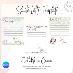 Op de afbeelding: Drie afdrukbare brieven aan de kerstman sjablonen met een feestelijk kerstthema. Elk sjabloon heeft een geregeerd gebied om een brief aan de kerstman te schrijven, een ruimte voor een handtekening en een decoratief element. De sjablonen zijn bewerkbaar in Canva.