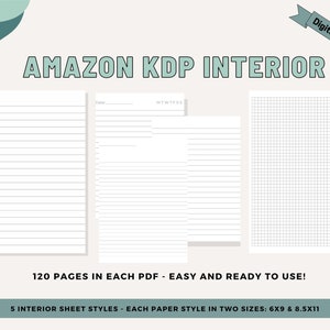 Op de afbeelding: Een digitale download van 10 afdrukbare binnenpagina's voor Amazon KDP-boeken. De afbeelding toont vijf verschillende binnenpagina-stijlen, waaronder gestreept papier, ruitjespapier en blanco pagina's. Elke stijl is verkrijgbaar in twee formaten: 15,24 x 22,86 cm en 21,59 x 27,94 cm. De tekst "120 PAGINA'S IN ELKE PDF - GEMAKKELIJK EN KLAAR VOOR GEBRUIK!" wordt onder de pagina's weergegeven.