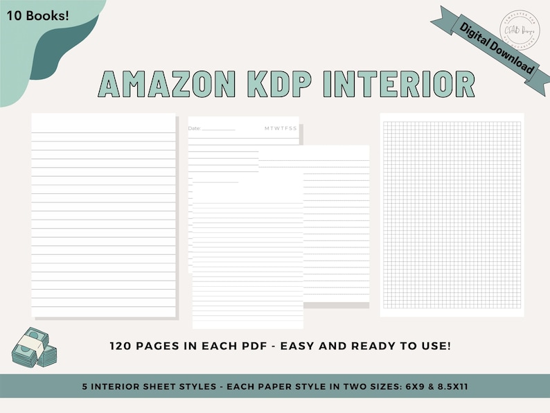 Op de afbeelding: Een digitale download van 10 afdrukbare binnenpagina's voor Amazon KDP-boeken. De afbeelding toont vijf verschillende binnenpagina-stijlen, waaronder gestreept papier, ruitjespapier en blanco pagina's. Elke stijl is verkrijgbaar in twee formaten: 15,24 x 22,86 cm en 21,59 x 27,94 cm. De tekst "120 PAGINA'S IN ELKE PDF - GEMAKKELIJK EN KLAAR VOOR GEBRUIK!" wordt onder de pagina's weergegeven.