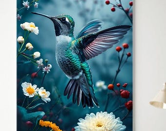 Blue Hummingbird Wall Art Print, Tropical Bird Decor (Digital Download)