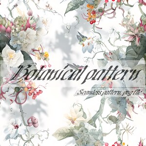 Puede incluir: Un patrón sin costuras con ilustraciones de acuarela de flores blancas, hojas verdes y bayas rojas. El patrón está sobre un fondo blanco e incluye el texto "Botanical pattern, Seamless pattern, png file".