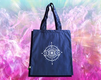 Witchy celestial tote bag, Triple moon organic cotton canvas bag, Elemental symbols, Pagan, Gothic, Witchcraft