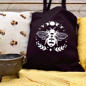 Bee & moon witchy tote bag, 100% organic cotton celestial bag