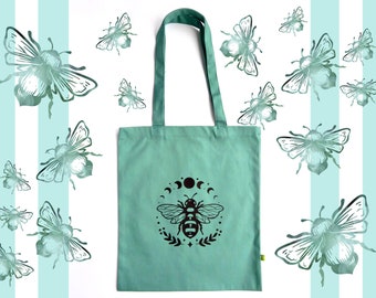 Bee & moon witchy tote bag, 100% organic cotton celestial bag