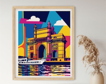 May include: A colorful illustration of the Gateway of India in Mumbai, India. The archway is yellow with pink and blue details. A white boat is in the foreground, and the water is blue with yellow and black stripes. The background is a mix of blue, yellow, pink, and turquoise.