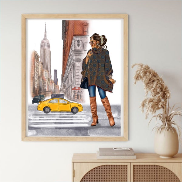 Desi Art, South Asian Girl in New York, Brown Girl Fashion Wall Art, Fashion Illustration, Contemporary Art Poster, South Indian Tamil,Asian