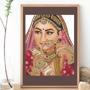 Indiase bruid, Rajasthani bruid, Zuid-Aziatische bruid, Indiase bruiloft, Bruids clipart, Trouwkaart, Mehandi, Sangeet, Hindoese bruid, Desi Art