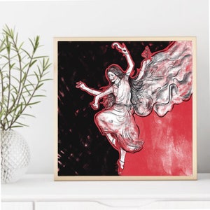 Puede incluir: Un dibujo en blanco y negro de una mujer bailando sobre un fondo rojo. La mujer tiene cuatro brazos y lleva un vestido largo blanco. El dibujo está enmarcado en un marco de madera.